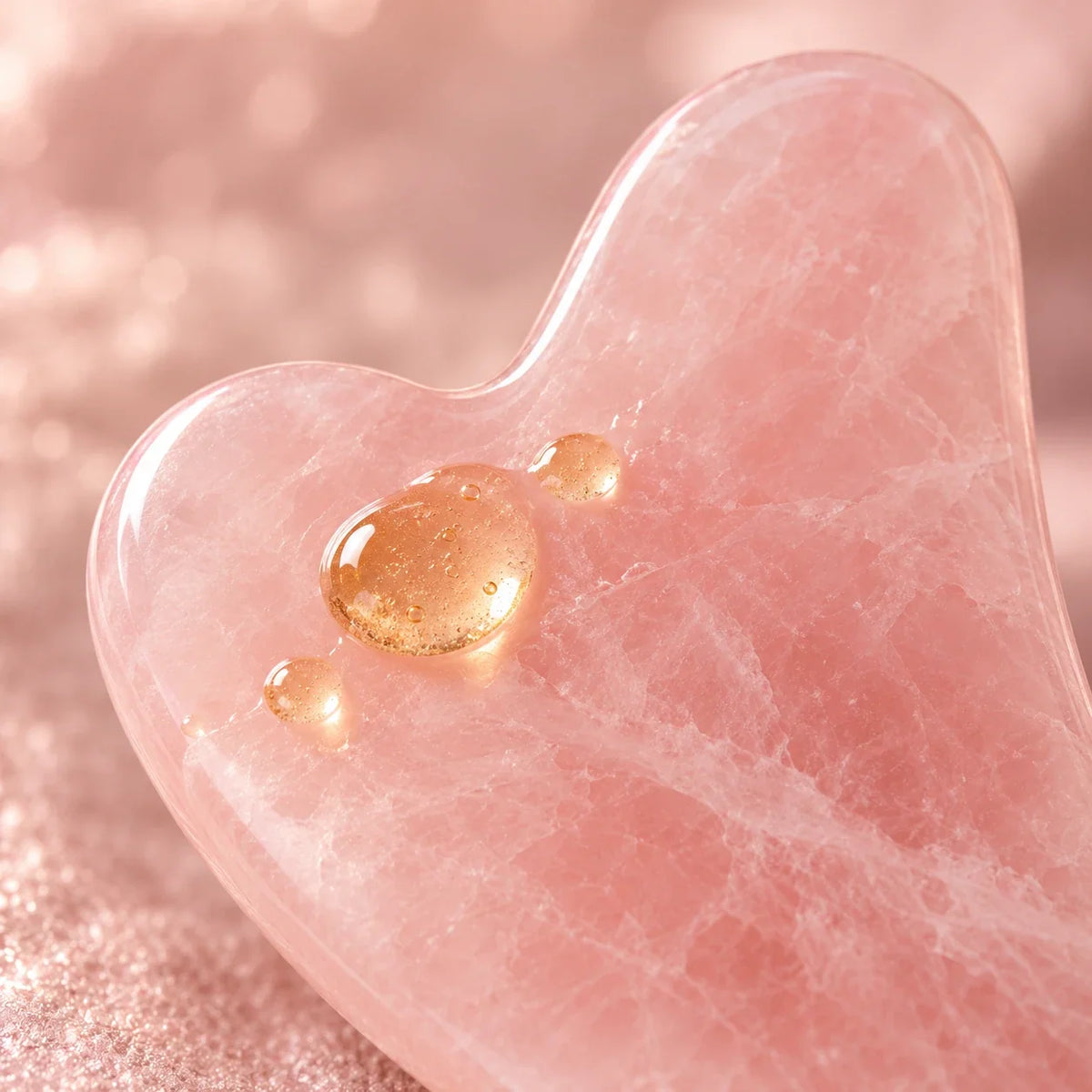 Gotas de sérum sobre el gua sha de cuarzo rosa