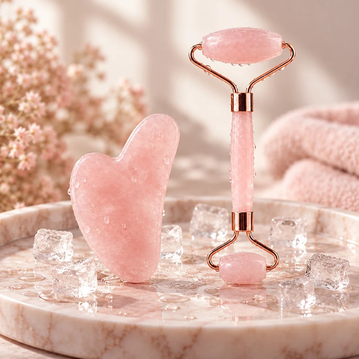 Gua sha y rodillo de cuarzo rosa sobre hielo