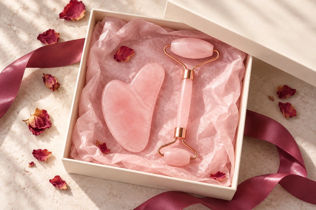 Set de gua sha y rodillo de cuarzo rosa en caja de regalo