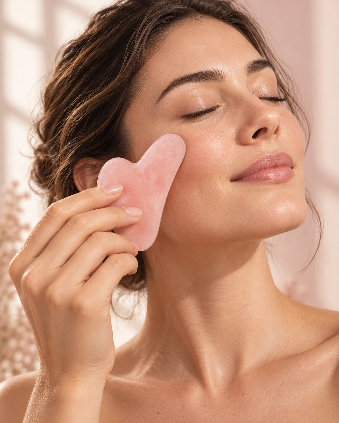 Mujer usando el gua sha de cuarzo rosa en el pómulo