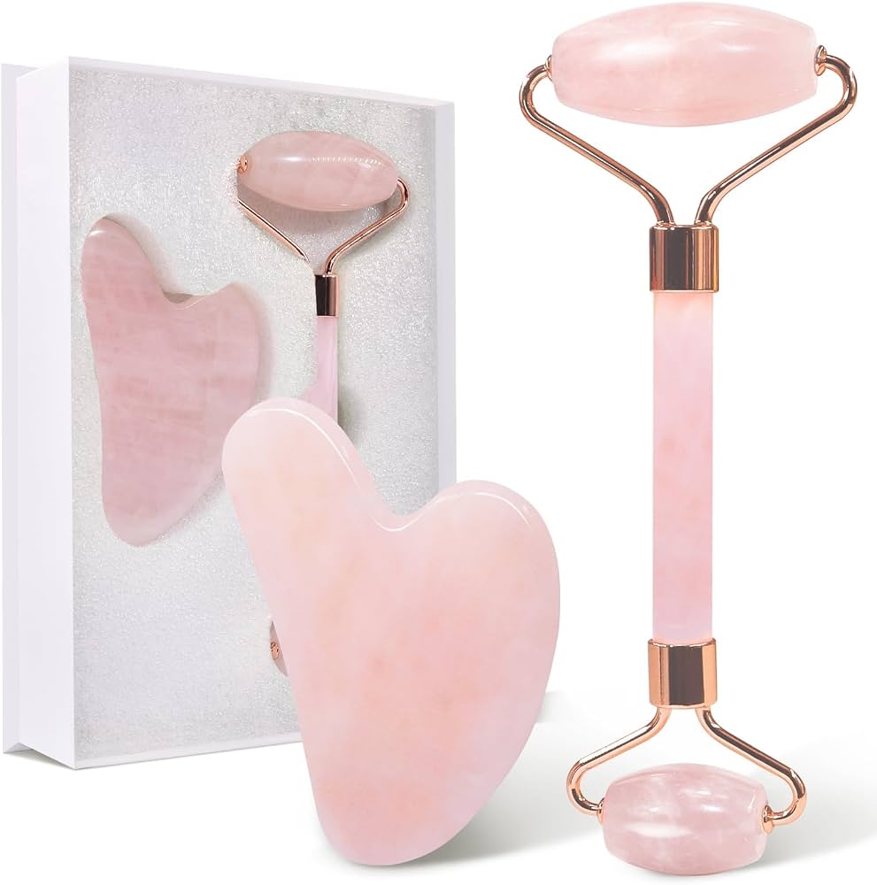 Set Gua Sha + Rodillo Facial de Cuarzo Rosa