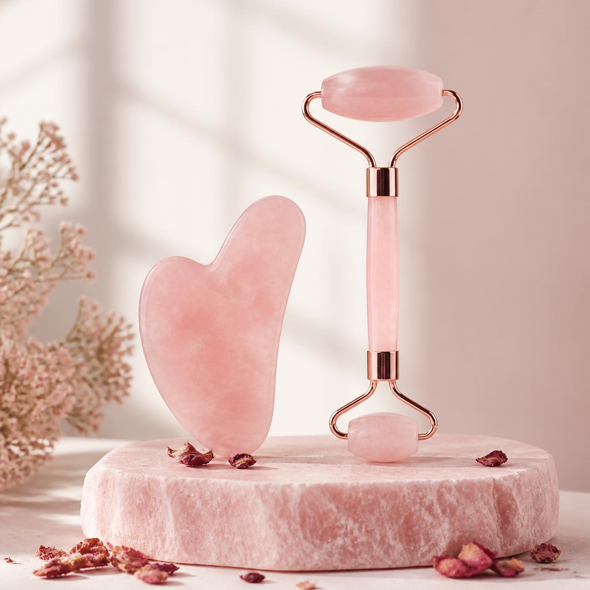 Set Gua Sha + Rodillo Facial de Cuarzo Rosa