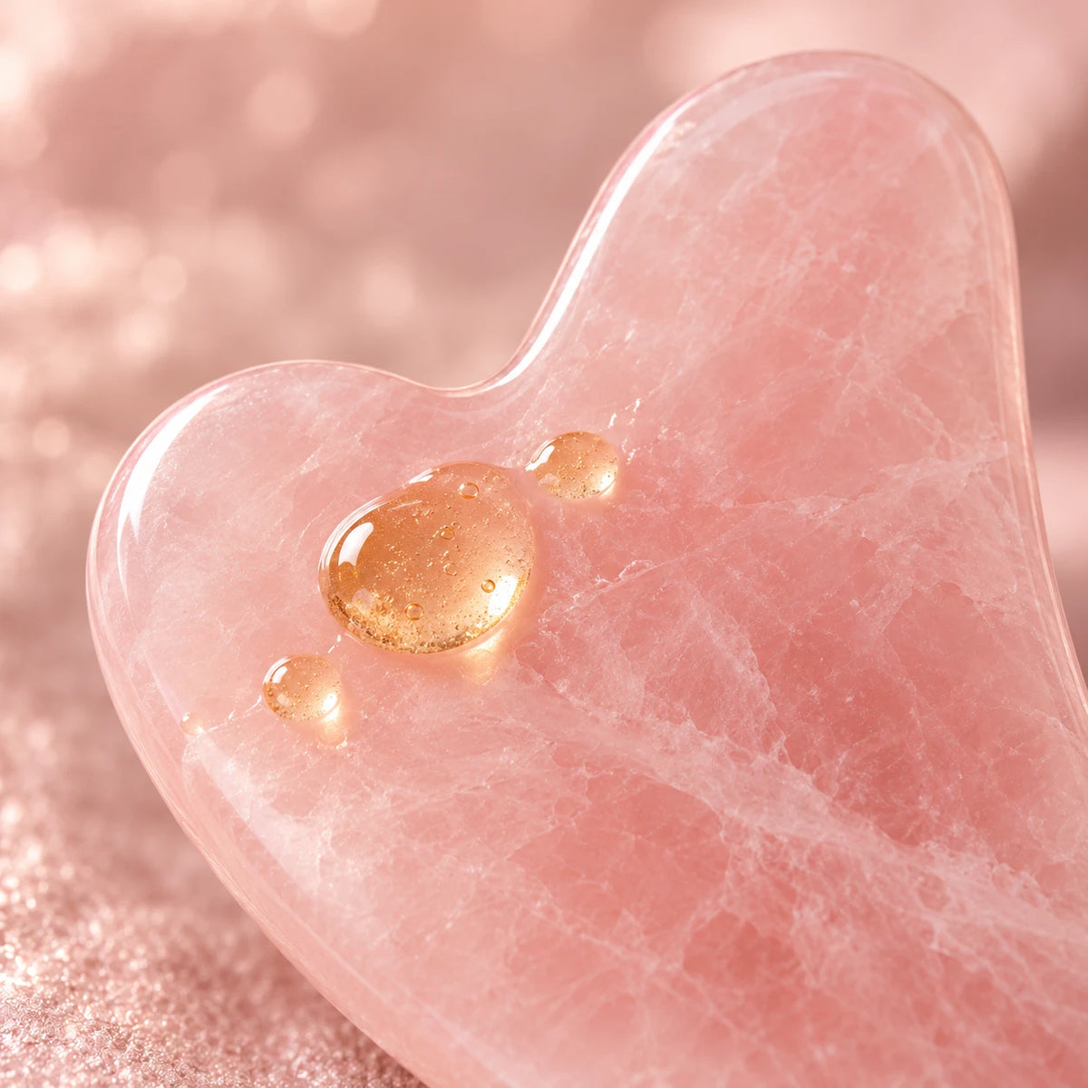 Gotas de sérum sobre el gua sha de cuarzo rosa